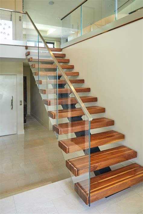 Mono Stringer Straight Stair With Wood Tread Glass Railing