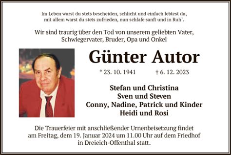 Traueranzeigen von Günter Autor trauer op online de