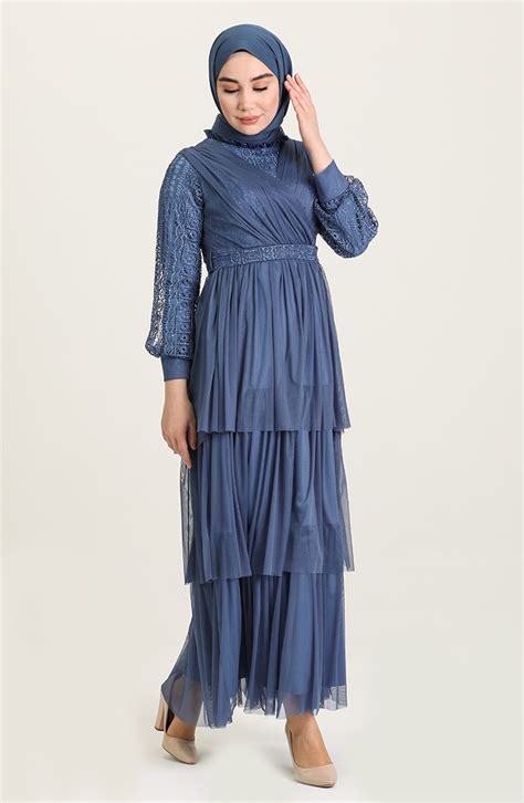 Indigo Hijab Evening Dress Sefamerve