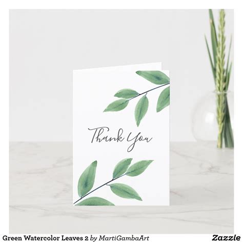 Green Watercolor Leaves 2 Thank You Card In 2021 Green