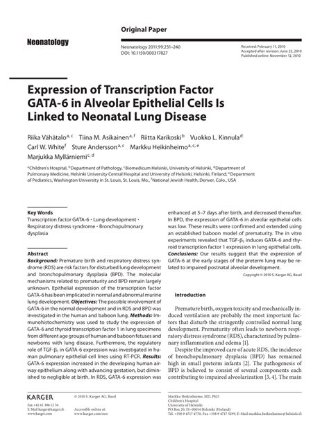 PDF Expression Of Transcription Factor GATA 6 In Alveolar Epithelial