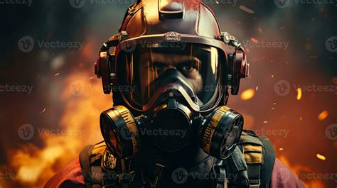 Ai Generated A Fireman In A Helmet Protective Helmet And Mask In A