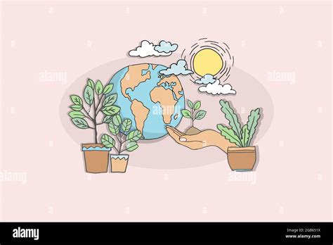 Eco cartoon planet Earth hand cares plant sprout. Environmental safety ...