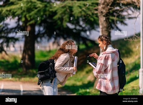 Brunette Girl Realizes Lately That Her Task On The Exam Is Correct Her Curly Haired Friend Is