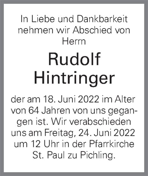 Traueranzeigen Von Rudolf Hintringer Wirtrauern At