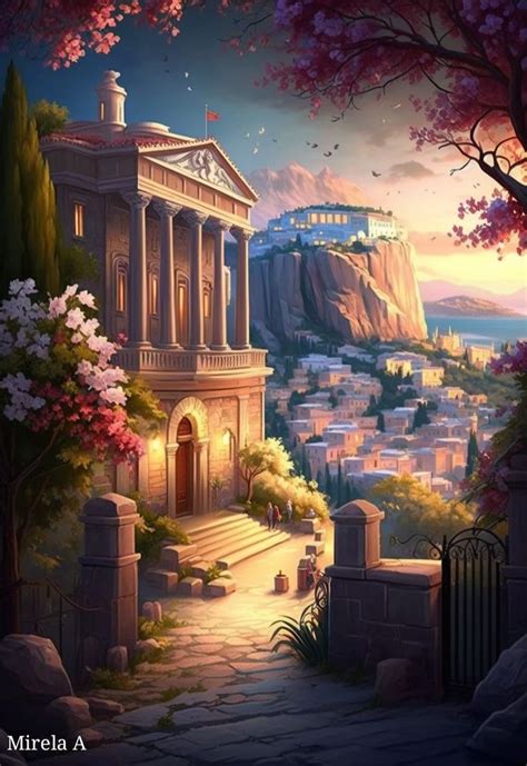 A Painting Of An Old Greek City By The Sea With Flowers And Trees Around It