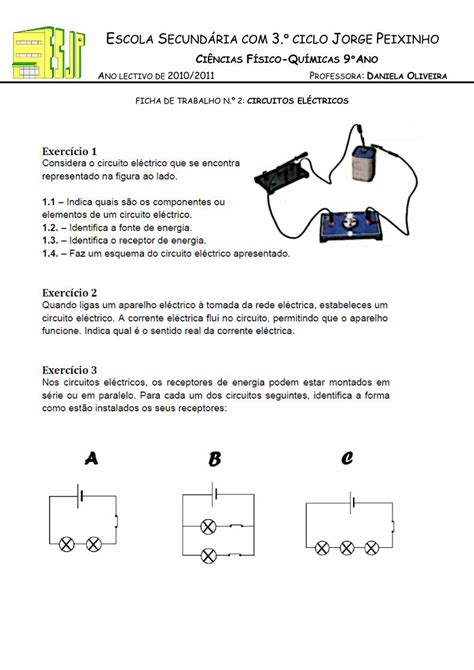 PDF FICHA DE TRABALHO N º 2 CIRCUITOS ELÉCTRICOS Fiüi Exercício 1