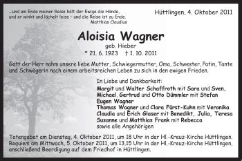 Traueranzeigen Von Aloisia Wagner OstalbTrauer