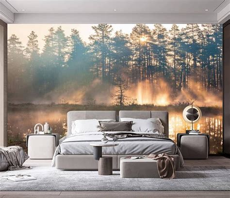 Buy Modern Wall Murals 3D Forest Sunrise Peel and Stick Wallpaper ...