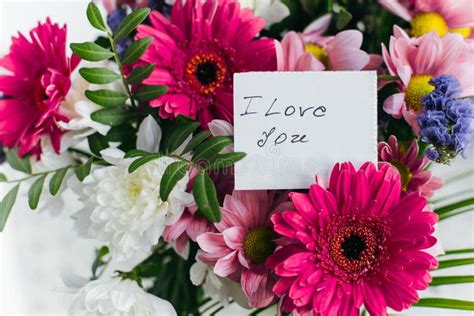 White Card for a Bouquet with the Inscription I Love You in a Bright Beautiful Bouquet of ...