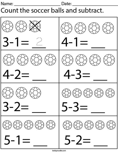 Count And Subtract The Soccer Balls Math Worksheet Twisty Noodle