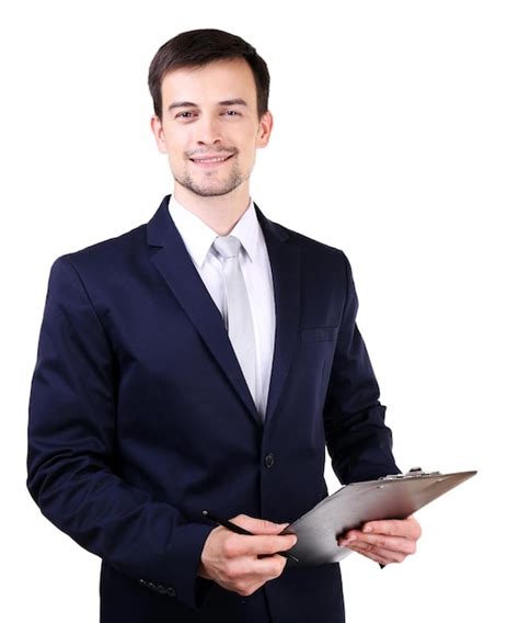 Hombre Elegante En Traje Con Portapapeles Aislado En Blanco Foto Premium