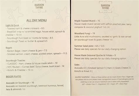 Menu at Bardon Thyme, Bardon