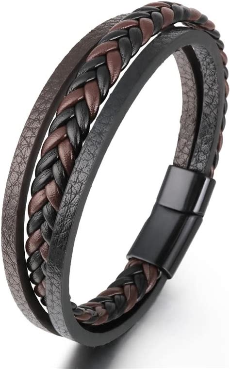 Goodern Brown And Black Leather Bracelet For Men Multi Layer Braided