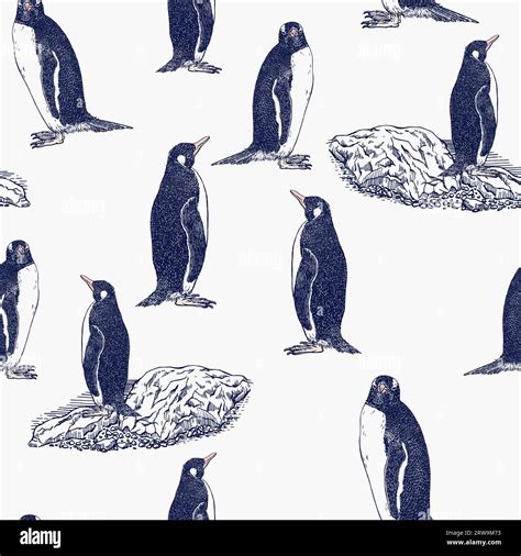 Penguin Vector Seamless Repeat Cute Penguins Hand Drawn With Pen And