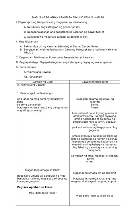 Lesson Plan Gender At Sex Final Masusing Banghay Aralin Sa Araling Panlipunan 10 I