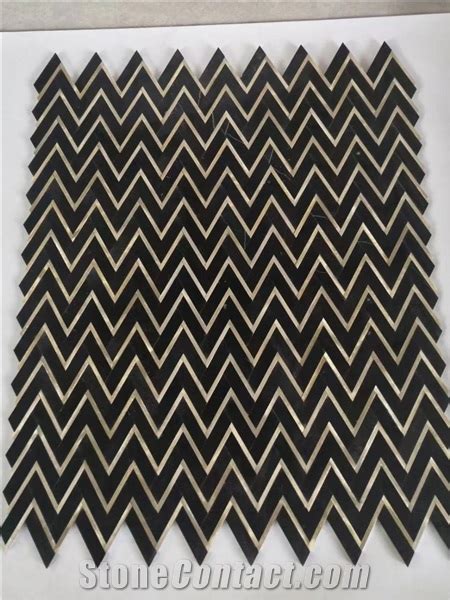 Nero Marquina Marble Chevron Mosaic With Brass Chevron Subway Tiles