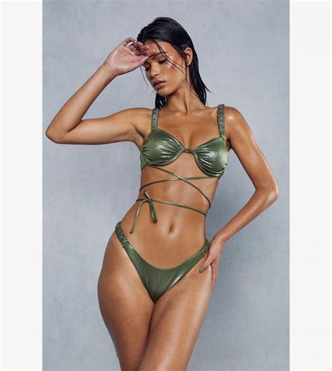 Buy Misspap Metallic Ruched Strappy Cross Bikini Set In Khaki