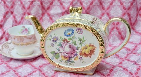 Sadler Teapot Barrel Shape Floral Bouquet Gilt Vintage Etsy Uk Tea