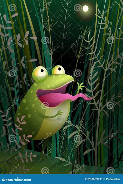 Frog or Toad Singing in a Swamp Grass at Night Stock Vector ...