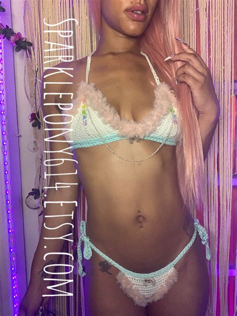 Rainbow Crochet Bikini Lgbtq Pride Glow In The Dark Festival Gamer Girl Rave Honeymoon Faux Fur
