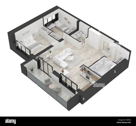 Floor plan of a home top view 3D illustration. Open concept living ...