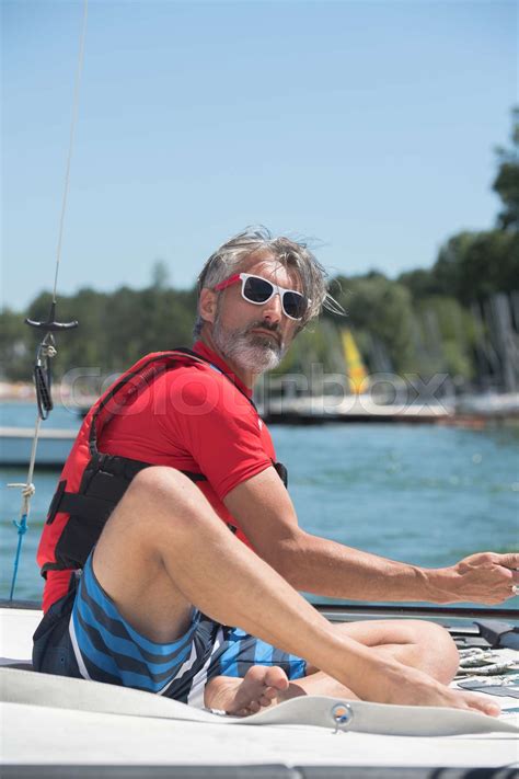 Mature Man Sailing Alone Stock Image Colourbox