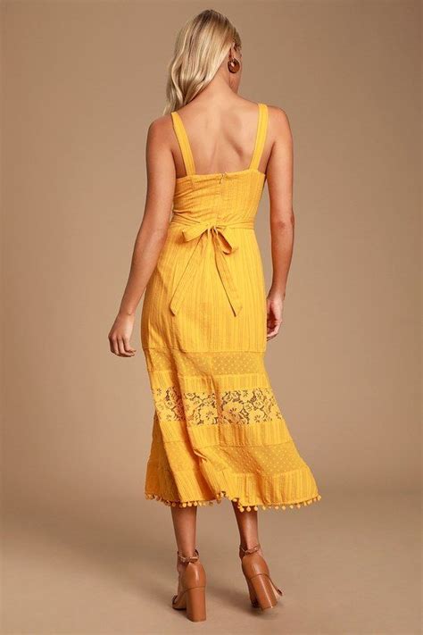 Hot Pursuit Mustard Yellow Lace Midi Dress