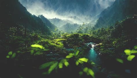 Premium AI Image | Exotic foggy forest Jungle panorama forest oasis ...