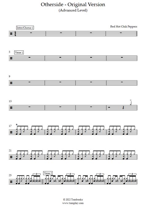 Otherside Versión Original Nivel Avanzado Red Hot Chili Peppers Partitura Batería