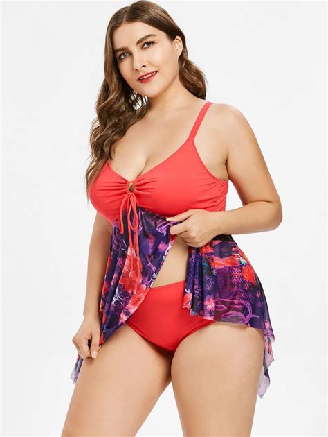 High Waisted Plus Size Asymmetrical Tankini Sexy Floral Swimsuit Boyshort Women Padded Swimwear