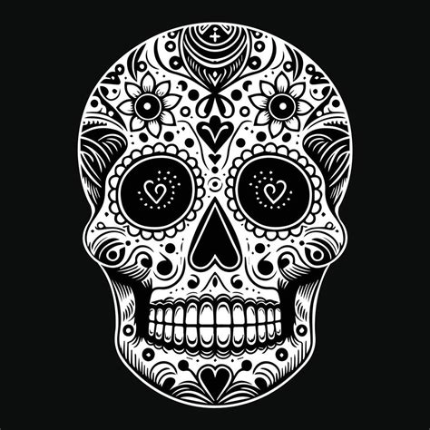 Dark Art Sugar Skull Head with Flower Black and White Illustration ...