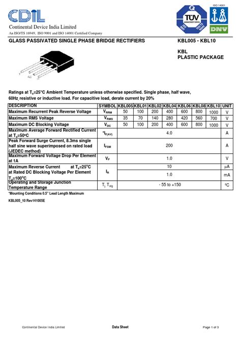 Kbl Cdil Rectifiers Hoja De Datos Ficha T Cnica Distribuidor