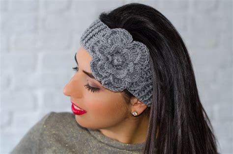 Grey Flower Headband Womens Knit Headband Winter Headband Womens Ear