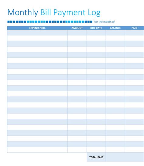 Monthly Bill Ledger Template