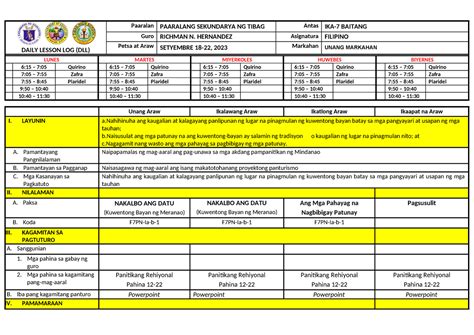 Q1 W3 Filipino 7 DAILY LESSON LOG DLL Paaralan PAARALANG SEKUNDARYA
