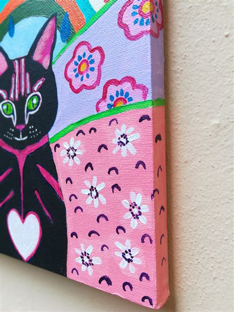 Folk Art Cat Tuxedo Cat Painting On Canvas Cat And Rainbow Wall Art Original Whimsical