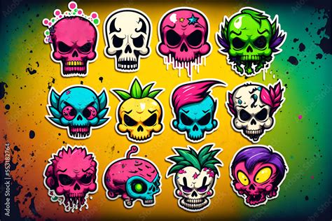 Set of funny cartoon varied skull stickers Stock Illustration | Adobe Stock