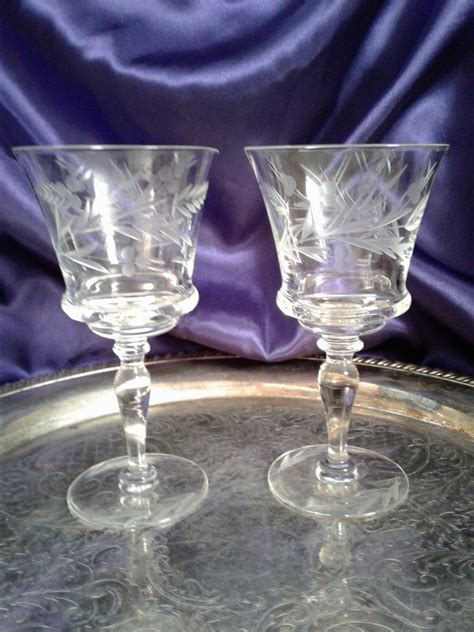 Fern Etched Wine Glasses Unique Hand Blown Crystal Stemware Leaf