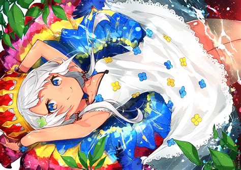 Animal Bird Blue Eyes Blush Breasts Choker Cleavage Crown Dress Flowers