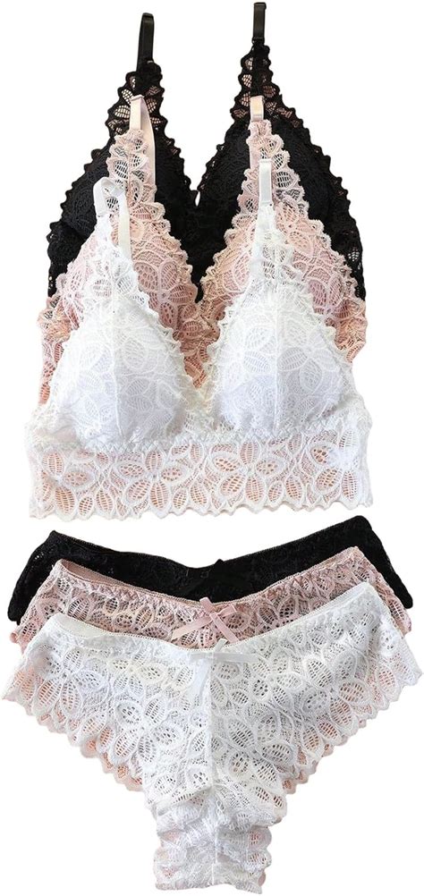 Verdusa Women S Pack Floral Lace Padded Bra And Panty Set Lingerie