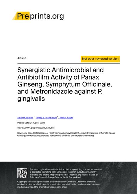 Pdf Synergistic Antimicrobial And Antibiofilm Activity Of Panax