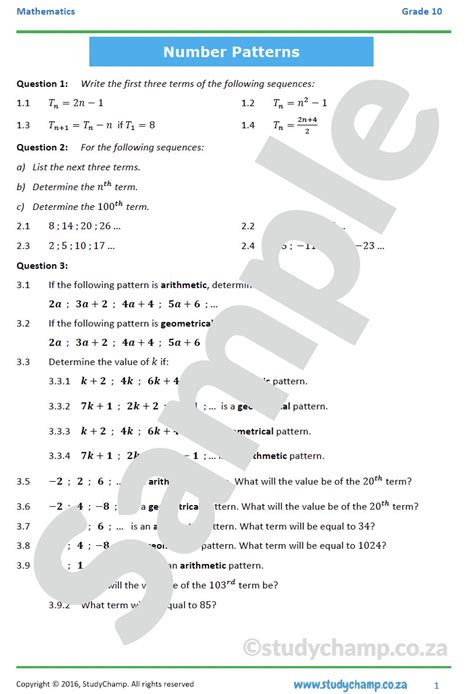 Grade 10 Mathematics Workbook Number Patterns