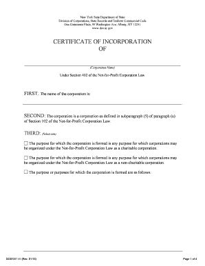 New York New York Articles Of Incorporation Certificate Nonprofit