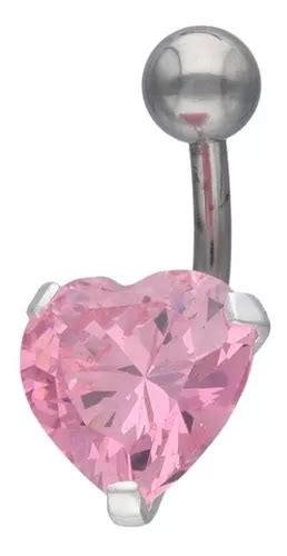 Piercing Ombligo Corazón Circón Rosa Francia Plata Fina 925 Cuotas