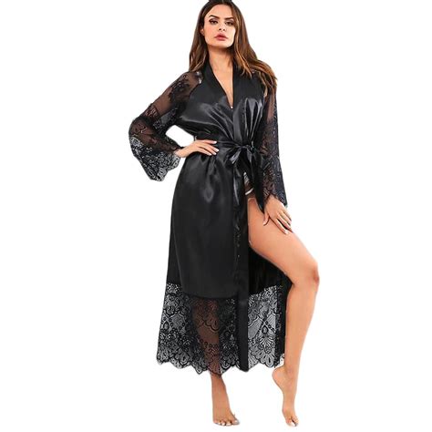 Yuhaotin Leather Lingerie Dress Women Silk Lace Satin Kimono Robe