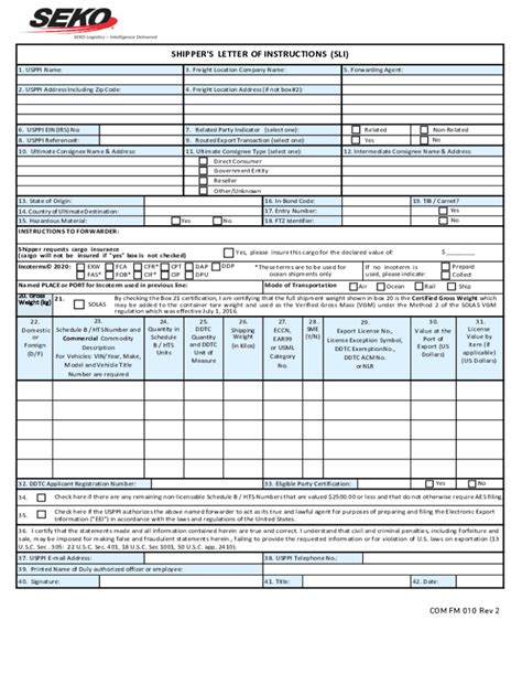 Fillable Online Shipper S Letter Of Instructions Sli Seko Logistics