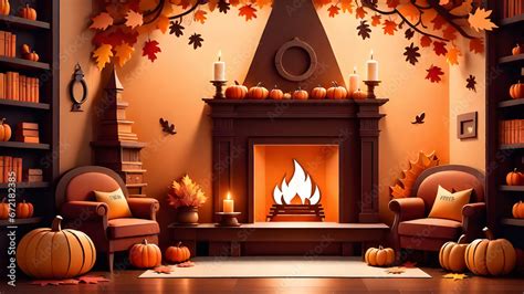 A cozy autumn home with a fireplace and a sofa in paper cut 3d style ...