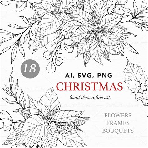 Christmas Svg, Christmas Line Art SVG, Hand Drawn Poinsettia Line Art ...