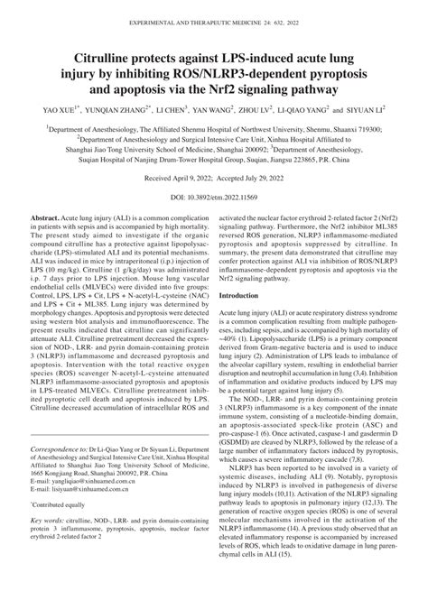 PDF Citrulline Protects Against LPSinduced Acute Lung Injury By